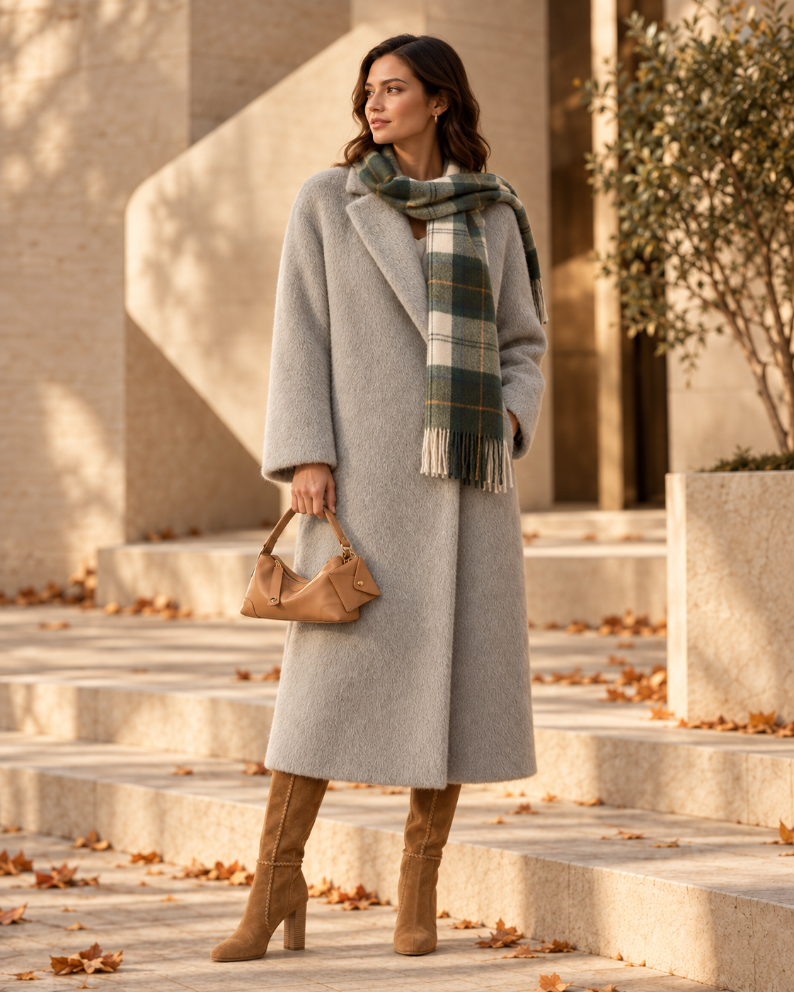 Clara con cappotto grigio, borsa color cammello, sciarpa a quadri e stivali in camoscio