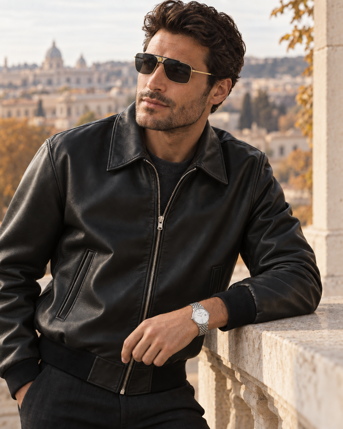 Mateo con giacca di pelle nera, occhiali e orologio in acciaio